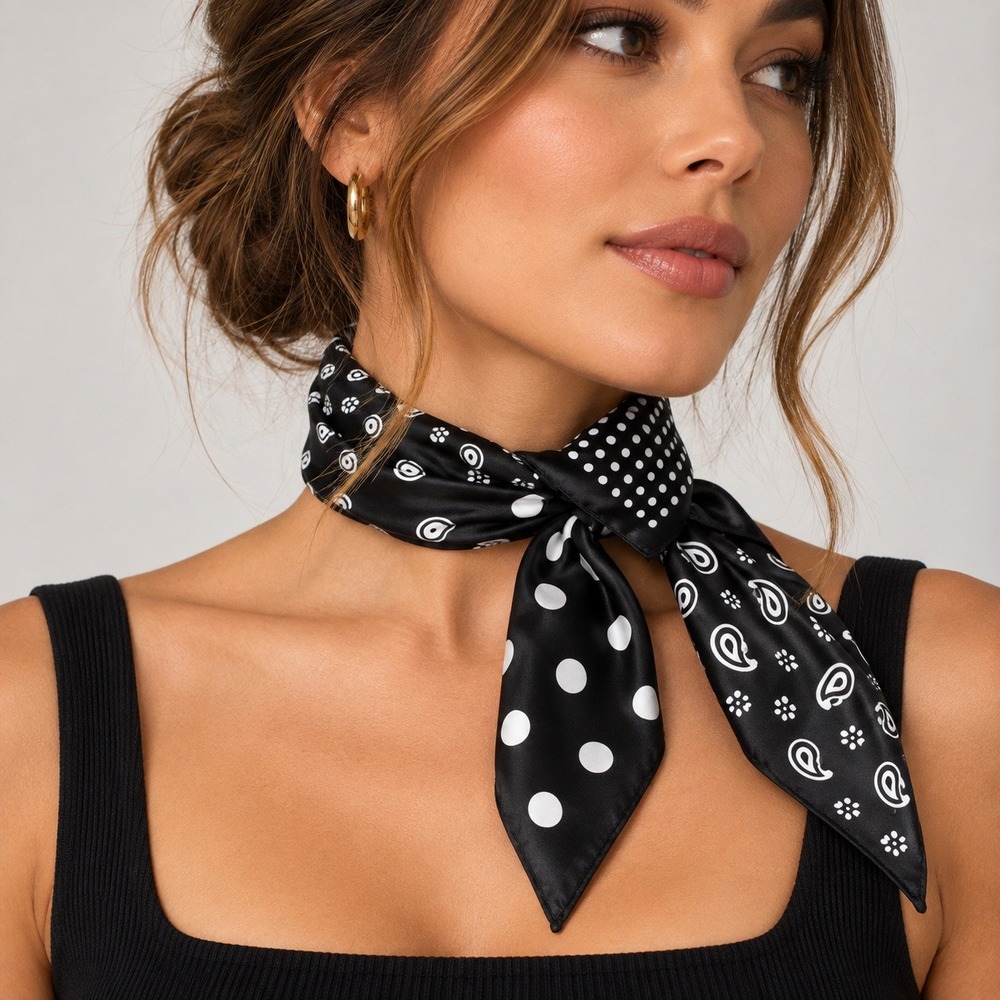 Noir Black White Polka Dot Paisley Mixed Print Satin Neck Scarf Bandana NEW